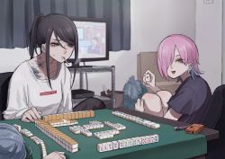 Rule 34 | 3girls, black hair, black pants, black shirt, blue hair, cigarette, cigarette pack, colored inner hair, curtains, dvd player, ear piercing, highres, lighter, looking at another, looking at viewer, mahjong, mahjong tile, multicolored hair, multiple girls, open mouth, original, pants, piercing, pink hair, ponytail, shirt, smoking, spike piercing, tabao, table, tattoo, television, trash bag, trash can, white shirt