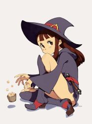 Rule 34 | 1girl, blunt bangs, boots, brown eyes, brown hair, floating, floating object, food, full body, grey background, hat, highres, hood, hood down, kagari atsuko, knee boots, little witch academia, long hair, long sleeves, looking at viewer, optionaltypo, panties, popcorn, simple background, sitting, solo, underwear, upskirt, wand, white panties, wide sleeves, witch hat