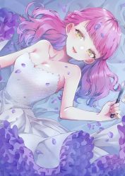 Rule 34 | 1girl, bare shoulders, bed sheet, blush, breasts, butter knife, cleavage, collarbone, dress, highres, holding, holding knife, knife, layered dress, long hair, medium breasts, open mouth, original, pink hair, sleeveless, sleeveless dress, solo, todo-akira, white dress, yellow eyes