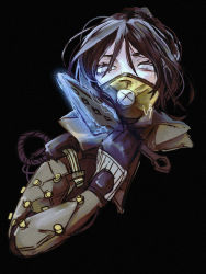 Rule 34 | 1girl, airship assassin wraith, animification, apex legends, black background, black hair, brown jacket, cable, electricity, grey eyes, hair between eyes, hair bun, highres, holding, holding knife, hong gua hua, jacket, knife, kunai, mask, mouth mask, official alternate costume, parted bangs, portrait, solo, weapon, wraith&#039;s kunai, wraith (apex legends)