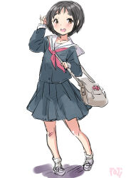 Rule 34 | 1girl, alternate costume, bag, bandaid, bandaid on knee, bandaid on leg, black hair, brown eyes, commentary request, fuji (pixiv24804665), full body, grey shirt, grey skirt, highres, kantai collection, long sleeves, looking at viewer, maru-yu (kancolle), neckerchief, open mouth, pleated skirt, red neckerchief, round teeth, sailor collar, sailor shirt, school bag, school uniform, serafuku, shirt, short hair, simple background, skirt, smile, solo, standing, teeth, thick eyebrows, upper teeth only, white background, white footwear, white sailor collar, winter uniform