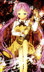 Rule 34 | 1girl, absurdly long hair, bad id, bad pixiv id, beamed quavers, biwa lute, chain, cnm, dress, flower, gradient background, hair flower, hair ornament, instrument, knee up, light purple hair, long hair, long sleeves, looking at viewer, lute (instrument), music, musical note, playing instrument, purple eyes, quaver, sharp sign, short hair, sitting, smile, solo, staff (music), touhou, treble clef, tsukumo benben, twintails, very long hair