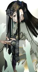 Rule 34 | 1girl, ainu clothes, artist name, asirpa, black hair, earrings, fur, golden kamuy, gradient background, grey background, headband, highres, hoop earrings, jewelry, long hair, simple background, solo, upper body, very long hair, wide sleeves, xiao zao chuan