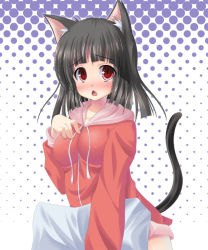 Rule 34 | 1girl, animal ears, asa no ha (awayuki), black hair, blush, bottomless, breasts, cat ears, cat tail, covered erect nipples, halftone, halftone background, hood, hoodie, large breasts, no pants, original, pillow, red eyes, short hair, slit pupils, solo, tail
