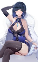 Rule 34 | 1girl, arm behind head, arm up, armpits, bare shoulders, between breasts, black gloves, black thighhighs, blue hair, blush, bracelet, breasts, cbmus, cleavage, cleavage cutout, clothing cutout, coat, coat on shoulders, commentary request, covered collarbone, crossed legs, dress, earrings, elbow gloves, fingernails, fur trim, garter straps, genshin impact, gloves, green eyes, highres, jewelry, large breasts, lips, nail polish, parted lips, short dress, short hair, simple background, single glove, sitting, sleeveless, smile, solo, suggestive fluid, sweat, sweatdrop, thighhighs, torn clothes, torn thighhighs, white background, yelan (genshin impact)