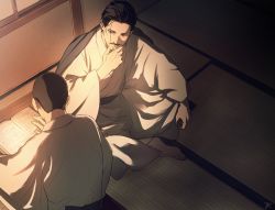 Rule 34 | 2boys, barefoot, black eyes, black hair, book, character request, closed mouth, commentary request, facial hair, floor, from above, full body, goatee, golden kamuy, hair slicked back, indoors, japanese clothes, kimono, light, long sleeves, looking at another, male focus, multiple boys, mustache, no scar, reading, short hair, sitting, on floor, tr (lauralauraluara), tsurumi tokushirou, wide sleeves, aged down