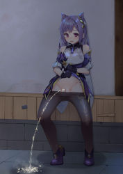 Rule 34 | 1girl, alley, censored, clothes lift, clothes pull, dress, dress lift, genshin impact, hazuki (115483948), keqing (genshin impact), lifted by self, outdoors, pantyhose, pantyhose pull, partially visible vulva, peeing, pink eyes, puddle, purple hair, pussy, solo, standing, steam