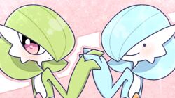 Rule 34 | . ., 2girls, alternate color, back, black eyes, blue hair, blue skin, bob cut, closed mouth, colored skin, creatures (company), ditto, dot mouth, female focus, from behind, game freak, gardevoir, gen 1 pokemon, gen 3 pokemon, green hair, green skin, hair over one eye, hand up, happy, heart, heart in eye, holding hands, interlocked fingers, looking at viewer, looking back, multicolored skin, multiple girls, nintendo, one eye covered, outline, pink background, pink outline, pokemon, pokemon (creature), red eyes, shiny and normal, shiny pokemon, short hair, smile, standing, star (symbol), symbol in eye, symmetry, transformed ditto, two-tone skin, upper body, white skin, yuri (fl0werspace)