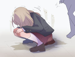 Rule 34 | 1girl, black jacket, blonde hair, female focus, from side, full body, grey background, hands on own knees, head down, indoors, jacket, japanese text, leaning forward, long hair, long sleeves, miniskirt, original, pee, peeing, peeing self, people, pleated skirt, pocket, puddle, red skirt, school uniform, shirt, skirt, solo focus, squatting, tile floor, tiles, translation request, trembling, watakarashi, wet, wet clothes, white shirt