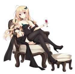 Rule 34 | 1girl, alcohol, armchair, bare arms, bare shoulders, black dress, black footwear, black thighhighs, blonde hair, breasts, brown eyes, butterfly hair ornament, chair, cocktail dress, collarbone, commentary request, copyright request, crossed legs, cup, cupping glass, dress, drinking glass, full body, garter straps, hair between eyes, hair ornament, high heels, holding, holding cup, holding drinking glass, loading (verjuice), long hair, looking at viewer, medium breasts, parted lips, sitting, solo, stool, strapless, strapless dress, thighhighs, transparent background, very long hair, wine, wine glass