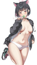 Rule 34 | 1girl, animal ears, black choker, black hair, black jacket, blue archive, blush, breasts, candy, cat ears, choker, colored inner hair, extra ears, food, hair ornament, hairclip, halo, highres, holding, holding candy, holding food, jacket, kazusa (blue archive), long sleeves, looking at viewer, medium breasts, multicolored hair, open clothes, oshage (osyage921), red eyes, short hair, simple background, solo, stomach, two-tone hair, white background