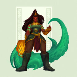 Rule 34 | 1girl, angry, bare shoulders, boots, breasts, brown hair, dark-skinned female, dark skin, female focus, gloves, gold, green eyes, highres, illaoi, large breasts, league of legends, long hair, looking at viewer, muscular, muscular arms, muscular female, ornament, solo, tattoo, tentacles, weapon
