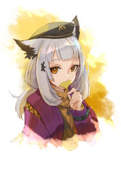 Rule 34 | 1girl, absurdres, animal ears, arknights, black hat, brown sweater, covered mouth, cropped torso, e-bushi, ginkgo leaf, grey hair, hair ornament, hat, highres, holding, holding leaf, jacket, leaf, long hair, long sleeves, looking at viewer, open clothes, open jacket, orange eyes, ptilopsis (arknights), ptilopsis (serenity) (arknights), purple jacket, ribbed sweater, solo, sweater, turtleneck, turtleneck sweater, upper body
