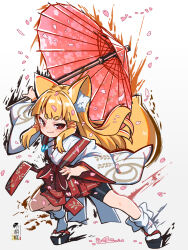 Rule 34 | 1girl, animal ear fluff, animal ears, bike shorts, black footwear, black shorts, blonde hair, closed mouth, commentary request, commission, fox ears, fox girl, fox tail, full body, gradient background, grey background, hakama, hakama short skirt, hakama skirt, holding, holding umbrella, indie virtual youtuber, japanese clothes, kimono, kuro kosyou, long hair, long sleeves, looking at viewer, oil-paper umbrella, petals, red hakama, red umbrella, sandals, short eyebrows, shorts, shorts under skirt, skirt, smile, socks, solo, tabi, tail, thick eyebrows, tiptoes, umbrella, very long hair, virtual youtuber, white background, white kimono, white socks, wide sleeves, yuruha (vtuber), zouri