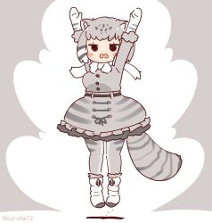 Rule 34 | 1girl, animal ears, arms up, belt, boots, bow, bowtie, cat ears, cat girl, cat tail, coroha, extra ears, full body, gloves, grey background, grey hair, jacket, jumping, kemono friends, looking at viewer, pallas&#039;s cat (kemono friends), pantyhose, short hair, simple background, skirt, solo, tail