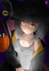 Rule 34 | 1girl, absurdres, arknights, bandi, blush, breasts, dark, halloween, happy, hat, highres, long hair, looking at viewer, owl ears, ptilopsis (arknights), red eyes, self-upload, simple background, smile, witch, witch hat