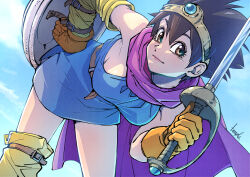 Rule 34 | 1girl, absurdres, bare shoulders, bent over, black eyes, black hair, breasts, cape, dragon quest, dragon quest iii, dress, gloves, green dress, heroine (dq3), highres, holding, holding shield, holding sword, holding weapon, large breasts, no pants, orange gloves, purple cape, shield, solo, strikebeagle, sword, tiara, weapon