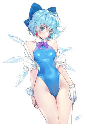Rule 34 | 1girl, aged up, armpit crease, artist name, bare legs, bare shoulders, blue eyes, blue hair, blue leotard, blush, breasts, cirno, closed mouth, commentary, covered navel, cowboy shot, duplicate, earrings, gloves, head tilt, highleg, highleg leotard, highres, ice, ice wings, jewelry, leotard, matsuda (matsukichi), medium breasts, off shoulder, pixel-perfect duplicate, scrunchie, short hair, shrug (clothing), signature, simple background, single glove, solo, standing, touhou, white background, white gloves, wings, wrist scrunchie