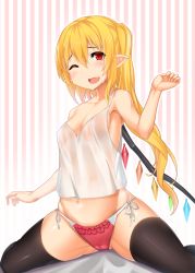 Rule 34 | 1girl, asymmetrical hair, bare shoulders, black thighhighs, blonde hair, blush, breasts, covered erect nipples, crop top, crystal, flandre scarlet, gradient background, highres, karaage (ta-na), looking at viewer, midriff, nipples, off shoulder, one eye closed, panties, pointy ears, red eyes, see-through, side ponytail, sitting, sleeveless, small breasts, smile, solo, spread legs, striped, striped background, sweat, thighhighs, touhou, underwear, wings