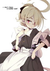 Rule 34 | 1girl, ahoge, airi (ogami kazuki), alternate costume, apron, black bow, black dress, blonde hair, bow, collarbone, collared dress, commentary request, dress, english text, enmaided, frilled apron, frills, glasses, hair bow, hair ornament, hair over one eye, hairclip, highres, long sleeves, looking at viewer, maid, ogami kazuki, original, oversized clothes, parted lips, ponytail, red eyes, simple background, solo, white apron, white background