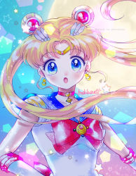 Rule 34 | 1girl, :o, bishoujo senshi sailor moon, blonde hair, blue eyes, blue sailor collar, bow, brooch, choker, circlet, crescent, crescent choker, crescent earrings, double bun, earrings, elbow gloves, full moon, gloves, hair ornament, hairpin, hoshikuzu (milkyway792), jewelry, light particles, long hair, looking at viewer, magical girl, moon, open mouth, red bow, red neckwear, sailor collar, sailor moon, sailor senshi uniform, signature, solo, star (symbol), star earrings, tsukino usagi, twintails, upper body, white gloves