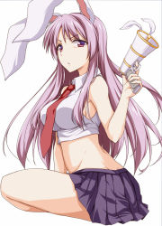 Rule 34 | 1girl, animal ears, bad id, bad pixiv id, breasts, commentary request, crop top, from side, hisae (hisae collect), large breasts, light purple hair, long hair, looking at viewer, lunatic gun, midriff, miniskirt, necktie, open mouth, rabbit ears, red eyes, reisen udongein inaba, sideboob, simple background, sitting, skirt, sleeveless, solo, touhou, white background