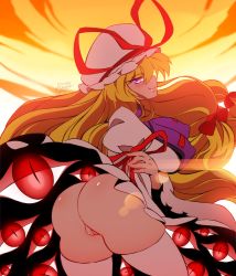 Rule 34 | 1girl, ass, blonde hair, blush, bow, breasts, cleft of venus, commentary, dress, english commentary, gap (touhou), hair bow, hat, hat ribbon, highres, large breasts, long hair, looking at viewer, mob cap, no panties, purple eyes, pussy, red bow, red ribbon, ribbon, rinvakk, smile, solo, sunset, thighhighs, touhou, very long hair, white thighhighs, yakumo yukari