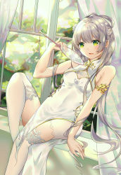Rule 34 | 1girl, absurdres, armlet, bare shoulders, blush, breasts, china dress, chinese clothes, commentary request, covered navel, curtains, day, dress, green eyes, hair ornament, hair rings, hand fan, highres, holding, holding fan, indoors, knee up, leaning back, long hair, looking away, looking down, luo tianyi, paper fan, pelvic curtain, rhea (0u0), silver hair, sitting, sleeveless, sleeveless dress, small breasts, solo, thighhighs, uchiwa, very long hair, vocaloid, white dress, white thighhighs, window, windowsill