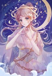 Rule 34 | 1girl, absurdres, alternate costume, blonde hair, blue eyes, dress, emma woods, halo, highres, identity v, light brown hair, looking at viewer, moon, parted bangs, short hair, upper body, white dress, xianst