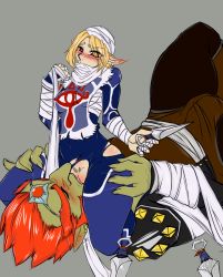 Rule 34 | 1boy, 1girl, ass, blonde hair, blush, cunnilingus, ganondorf, hetero, highres, interspecies, inuki, knife, nintendo, oral, pointy ears, pussy, red eyes, red hair, sheik, the legend of zelda, torn clothes, uncensored, weapon, what
