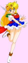 Rule 34 | 1990s (style), 1girl, akazukin chacha, aliasing, belt, blonde hair, blue dress, blush, bracelet, brooch, brown eyes, collar, dress, full body, highres, jewelry, long hair, looking at viewer, magical princess, open mouth, panties, pantyshot, pink background, resized, retro artstyle, short dress, short sleeves, simple background, solo, standing, standing on one leg, tagme, underwear, upscaled, white footwear, white panties, winged hair ornament