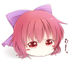 Rule 34 | 1girl, :&gt;, blush stickers, bow, commentary request, disembodied head, hair bow, head, k-sk style, looking at viewer, pout, red eyes, red hair, sekibanki, simple background, solo, tears, touhou, white background, yukkuri shiteitte ne