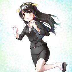 Rule 34 | 10s, 1girl, alternate costume, black hair, cellphone, faubynet, formal, hair ornament, hairband, hairclip, haruna (kancolle), highres, kantai collection, long hair, md5 mismatch, office lady, pantyhose, pencil skirt, personification, phone, shoe dangle, skirt, skirt suit, smartphone, solo, suit