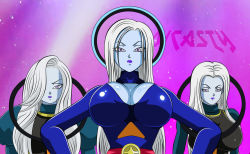 Rule 34 | 10s, 3girls, angel (dragon ball), angry, blue skin, breasts, character request, cleavage, collar, colored skin, colorized, dicasty, dragon ball, dragon ball super, eyelashes, heart, heart-shaped pupils, large breasts, lipstick, long hair, looking at viewer, makeup, mikoshin (dragon ball), multiple girls, one eye covered, parted lips, purple eyes, purple lips, shiny skin, straight hair, symbol-shaped pupils, vados (dragon ball), white hair