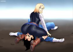 Rule 34 | 1boy, 1girl, android 18, ass, blonde hair, blood, blue eyes, boots, clothes lift, defeat, dragon ball, dragonball z, femdom, from behind, full body, girl on top, highres, huge ass, humiliation, lips, looking back, nature, on ground, outdoors, rolling eyes, short hair, sitting, sitting on face, sitting on person, skirt, skirt lift, smile, thick thighs, thighs, torn clothes, unconscious, vanbrand, vegeta