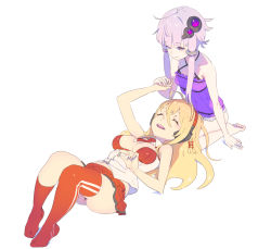 Rule 34 | 2girls, antenna hair, barefoot, blonde hair, blush, breasts, enkyo yuuichirou, hair ornament, headphones, holding hands, large breasts, long hair, looking at another, lying, lying on lap, lying on person, multiple girls, on back, open mouth, purple eyes, purple hair, seiza, short hair with long locks, sitting, sketch, skirt, small breasts, smile, thighhighs, tsurumaki maki, twintails, very long hair, vocaloid, voiceroid, yuzuki yukari