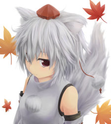 Rule 34 | 1girl, animal ears, autumn leaves, bare shoulders, breasts, detached sleeves, hat, hidarikata, inubashiri momiji, leaf, looking at viewer, pom pom (clothes), red eyes, shirt, short hair, silver hair, solo, tail, tokin hat, touhou, wolf ears, wolf tail