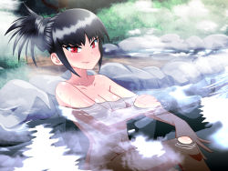 Rule 34 | 1girl, black hair, blush, breasts, commentary request, creatures (company), game freak, gym leader, highres, large breasts, long hair, nintendo, nude, onsen, pokemon, pokemon adventures, red eyes, sabrina (pokemon), sitting, smile, solo, steam, tsurime, water, yensh