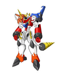 Rule 34 | digimon, digimon (creature), drill, fusion, highres, mecha, robot, shoutmon x3, simple background, solo, white background