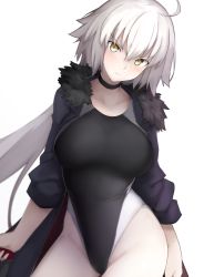 Rule 34 | 1girl, ahoge, arms at sides, bad id, bad pixiv id, black choker, black jacket, black one-piece swimsuit, breasts, choker, commentary request, competition swimsuit, cosplay, cowboy shot, fate/grand order, fate (series), frown, fur-trimmed jacket, fur trim, grey background, groin, hair between eyes, head tilt, holding, jacket, jeanne d&#039;arc (fate), jeanne d&#039;arc (swimsuit archer) (fate), jeanne d&#039;arc (swimsuit archer) (fate) (cosplay), jeanne d&#039;arc (swimsuit archer) (second ascension) (fate), jeanne d&#039;arc alter (avenger) (fate), jeanne d&#039;arc alter (fate), large breasts, long hair, long sleeves, looking at viewer, mobu, one-piece swimsuit, open clothes, open jacket, simple background, solo, swimsuit, v-shaped eyebrows, white background, white hair, yellow eyes
