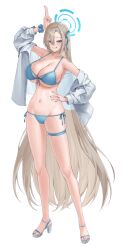Rule 34 | 1girl, absurdly long hair, absurdres, asuna (blue archive), bikini, blue archive, blue bikini, blue eyes, bow, breasts, cleavage, full body, hair over one eye, halo, highres, large breasts, light brown hair, long hair, looking at viewer, meraring, navel, skindentation, smile, solo, swimsuit, teeth, thigh strap, thighs, very long hair, white background