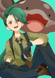 Rule 34 | 1girl, :d, absurdres, ahoge, black gloves, black necktie, black pants, bright pupils, brown footwear, clodsire, collared shirt, commentary request, creatures (company), earrings, game freak, gloves, green background, green hair, happy, highres, holding, holding poke ball, jewelry, long hair, necktie, nintendo, open mouth, pants, poke ball, poke ball (basic), pokemon, pokemon (creature), pokemon sv, ponytail, red eyes, refisa, rika (pokemon), shirt, shoes, smile, stud earrings, suspenders, teeth, upper teeth only, white pupils