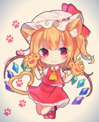 Rule 34 | 1girl, :3, animal ears, animal hands, ascot, blonde hair, blush, cat ears, cat tail, collared shirt, commentary request, eyes visible through hair, flandre scarlet, frilled shirt collar, frilled skirt, frills, full body, fuyu (xxfylia), gem, gloves, gradient background, hair ribbon, hands up, hat, hat ribbon, highres, kemonomimi mode, light blush, looking at viewer, medium hair, mob cap, one side up, paw gloves, paw print, paw print background, petticoat, puffy short sleeves, puffy sleeves, red eyes, red footwear, red ribbon, red skirt, red vest, ribbon, shirt, short sleeves, skirt, socks, solo, tail, thick eyebrows, touhou, twitter username, vest, white shirt, white socks, wings, yellow ascot