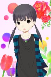 Rule 34 | 1girl, :o, black eyes, black hair, blush, chiba saori, floral background, flower, highres, hourou musuko, jewelry, long hair, looking at viewer, low twintails, mochi-pon, necklace, open mouth, outline, red rose, rose, solo, striped, tulip, twintails