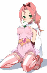 Rule 34 | 1990s (style), 1girl, aged up, blush, breasts, earrings, final fantasy, final fantasy iv, final fantasy iv: the after years, green eyes, hima, jewelry, kneeling, large breasts, looking at viewer, nipples, pink hair, ponytail, porom, retro artstyle, sandals, see-through, simple background, solo, white background
