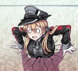 Rule 34 | 10s, 1girl, anchor hair ornament, arm support, blank eyes, blank stare, blonde hair, breasts, commentary request, cross, crying, crying with eyes open, gloves, hair between eyes, hair ornament, hair over shoulder, hat, iron cross, kabe ni hamatte ugokenai!, kantai collection, large breasts, long hair, long sleeves, low twintails, military, military hat, military uniform, open mouth, peaked cap, prinz eugen (kancolle), solo, stuck, tears, through wall, tk8d32, tongue, twintails, uniform, upper body, wavy mouth, white gloves