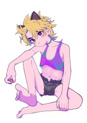 Rule 34 | 1boy, absurdres, animal ears, bandages, barefoot, black ears, blonde hair, bulge, cat ears, choker, earrings, feet, highres, indie virtual youtuber, jewelry, kainen, male focus, midriff, mole, navel, pout, red eyes, sh un2, shorts, soles, solo, stomach, tank top, trap, virtual youtuber