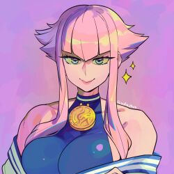 Rule 34 | 1girl, bare shoulders, blue eyes, breasts, dougi, highres, hime cut, large breasts, looking at viewer, manon legrand, off shoulder, pink background, pink hair, purple background, sidelocks, solo, street fighter, street fighter 6, woofycakes