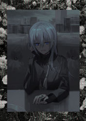 Rule 34 | 1girl, :d, black gloves, black jacket, black shirt, blue eyes, building, chihuri, collared shirt, dress shirt, fingerless gloves, gloves, grey hair, grey shirt, hair between eyes, highres, jacket, jewelry, long hair, looking away, looking down, open clothes, open jacket, open mouth, original, ring, shirt, sitting, smile, solo, table, undershirt, upper body