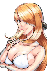 Rule 34 | 1girl, :&gt;=, blonde hair, breasts, bule, cleavage, creatures (company), cynthia (pokemon), fellatio, food, game freak, hair ornament, hair over one eye, highres, large breasts, nintendo, pokemon, popsicle, sexually suggestive, simulated fellatio, solo